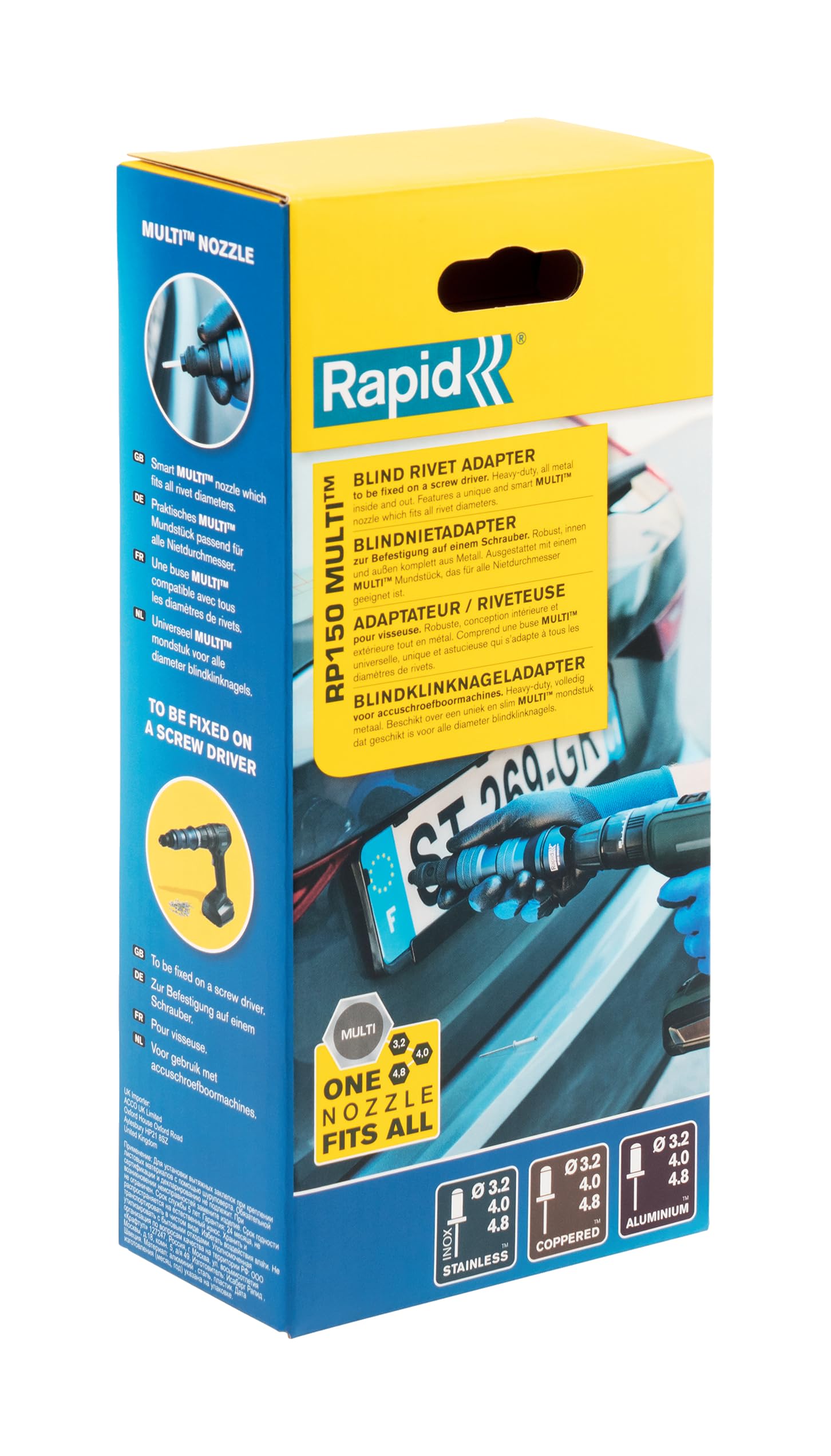 RAPID RP150 con Ugello MULTI/Adattatore per Trapano-Avvitatore, Compatibile con Rivetti a Strappo da 3,2-4,8 mm, 465 g, Blue