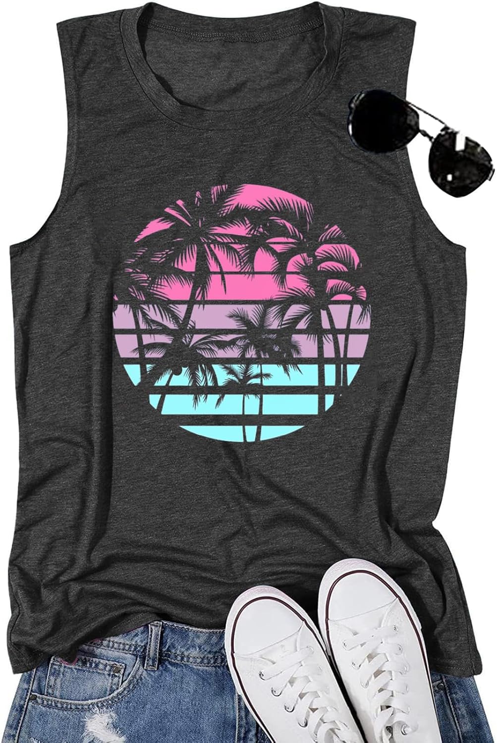 Hawaiian Beach Tank top for Women Summer Palm Tree Graphic Vacation Tops