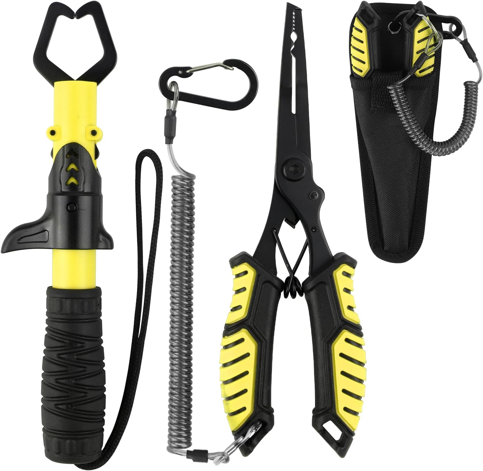 mouhike Fishing Pliers, Fish Lip Gripper Fishing Tools Kit Muti-Function Saltwater Fishing Line Cutter Hook Remover with Sheath Lanyard, Fly Ice Fishing Gear Fishing Gifts for Men Women