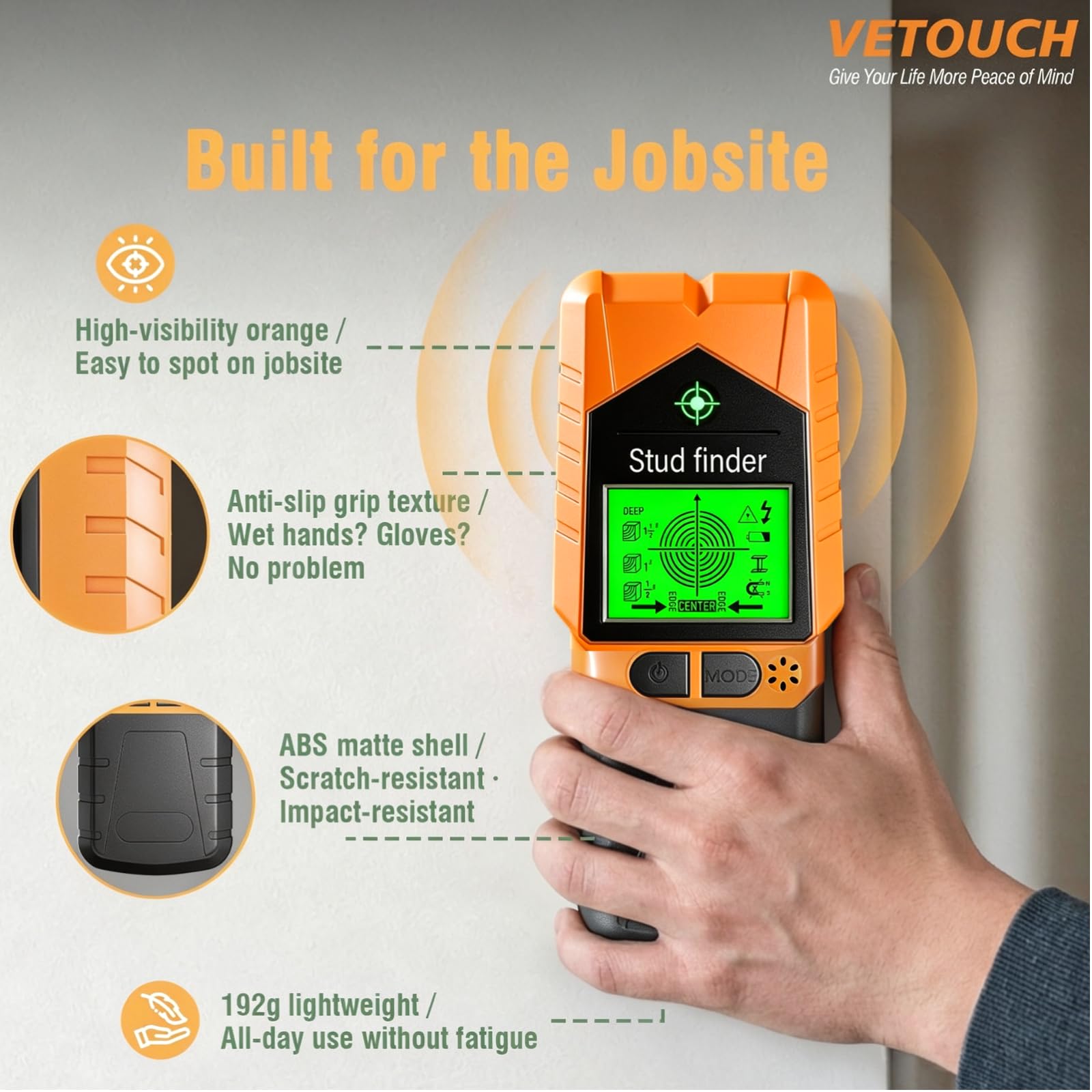 VETOUCH 6-in-1 Stud Finder - Detects Studs, Wires & More -7
