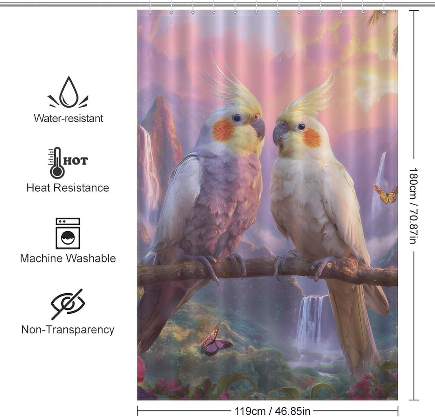 Tropical Cockatoo Parrot Birds Shower Curtain 46.85x70.87Inch（119x180cm） Polyester Bath Curtain Shower Curtains Printed Decorative