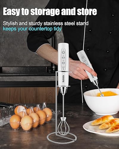 Miniatura 4 de Nahida Espumador de leche de mano para café con soporte, mezclador de espuma de bebida recargable con 3 cabezales, 3 velocidades, agitadores