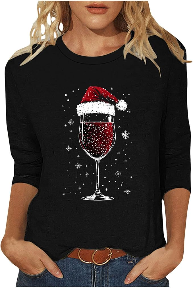 Merry Christmas Shirts for Women 2025 Glitter Red Wine Glass Graphic Tee 3/4 Sleeve Funny Print T-Shirts Xmas Tops