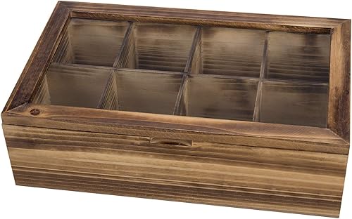 Miniatura 5 de MyGift Cofre organizador de té de madera quemada, bolsa de té de madera y caja de condimentos con 8 compartimentos divididos y tapa de cierre