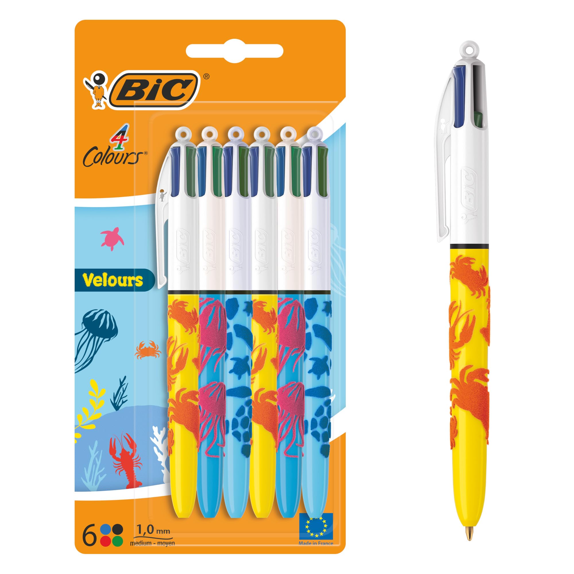 BIC 4 Colores Velours Bolígrafos de Punta Media (1,00 mm) Motivos Marinos - 3 Diseños Surtidos, Pack de 6