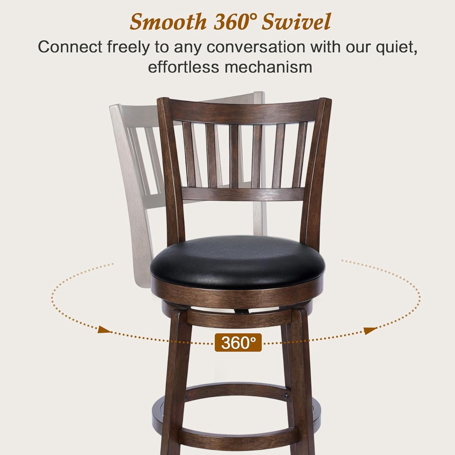 HomeMiYN Counter Height Bar Stools Set of 2, 26” Black Faux Leather Swivel Barstools with Wood Legs and High Back, Upholstered Round Counter Chairs with Footrest for Kitchen Island