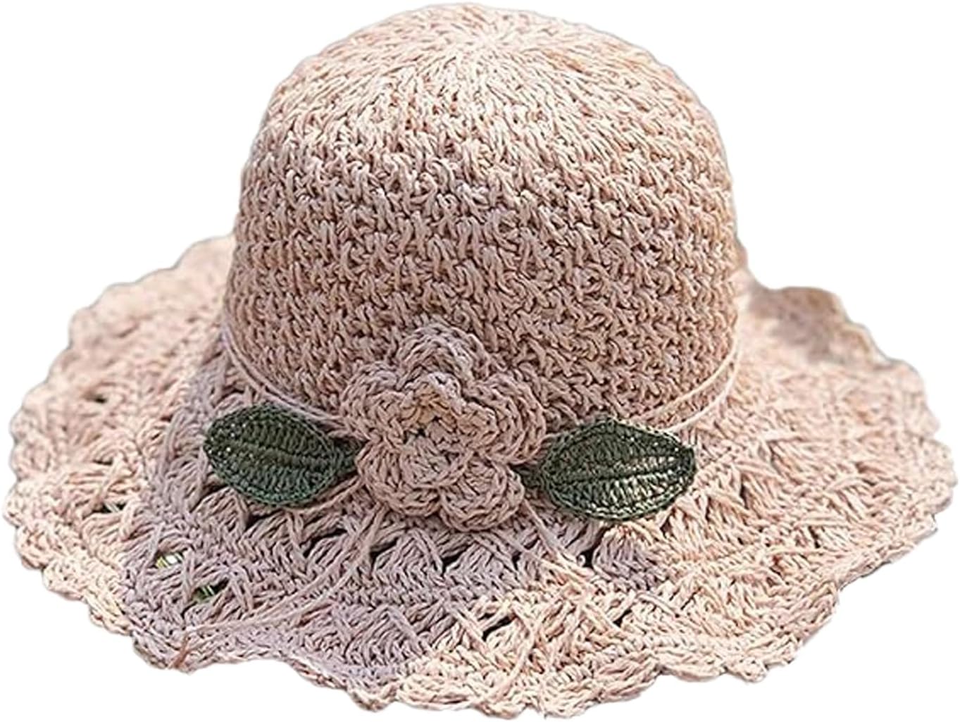 Elegant Crochet Straw Hat with Ruffle Detail, Womens Straw Hats for Summer Beach Wide Brim Sun Protection Hat