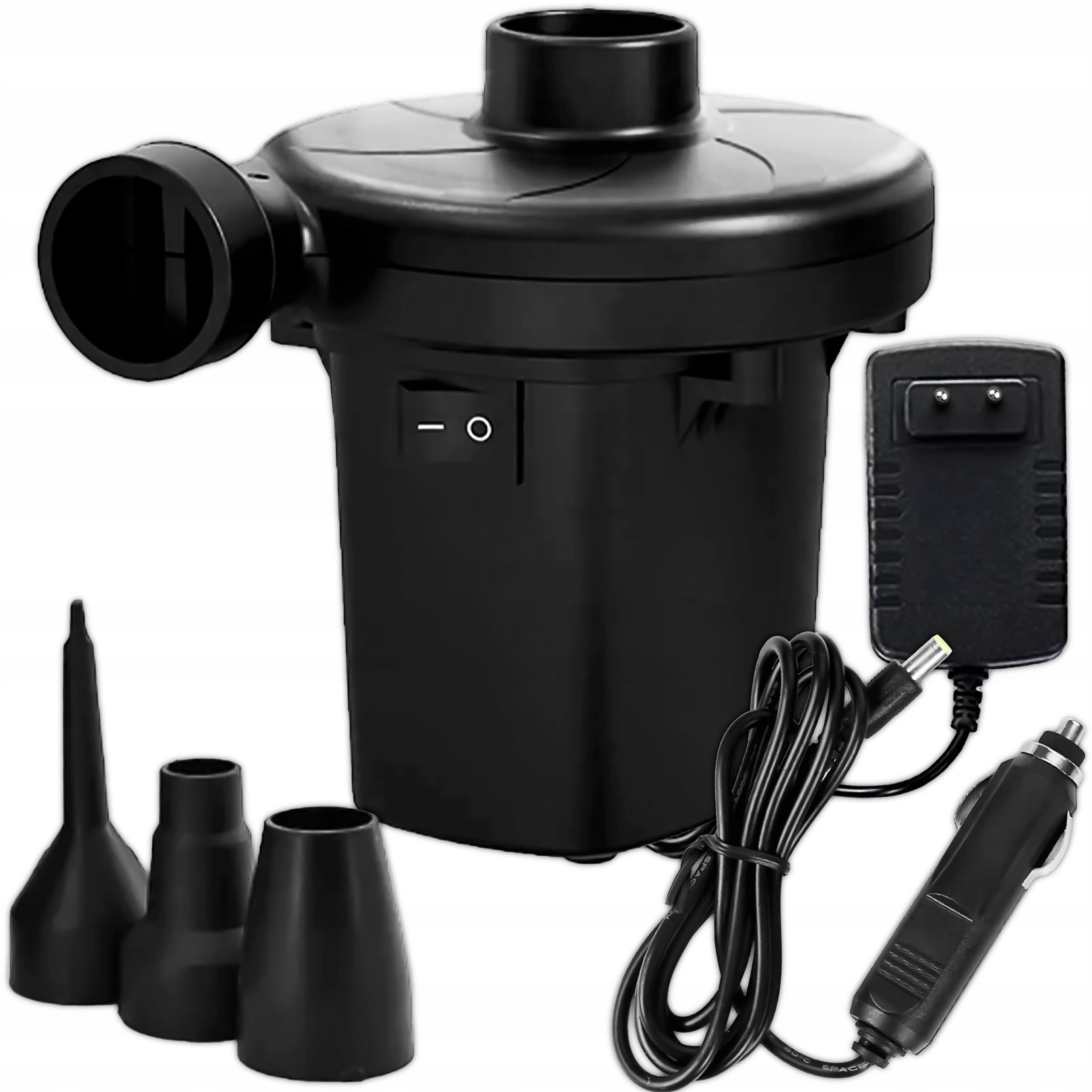 KRUMAD Pompa ad aria elettrica 12 V/230 V 50 W - Pompa a doppia funzione con funzione di gonfiaggio e spurgo - 3 teste per materasso ad aria, piscina, gommoni, letti ad aria e giocattoli