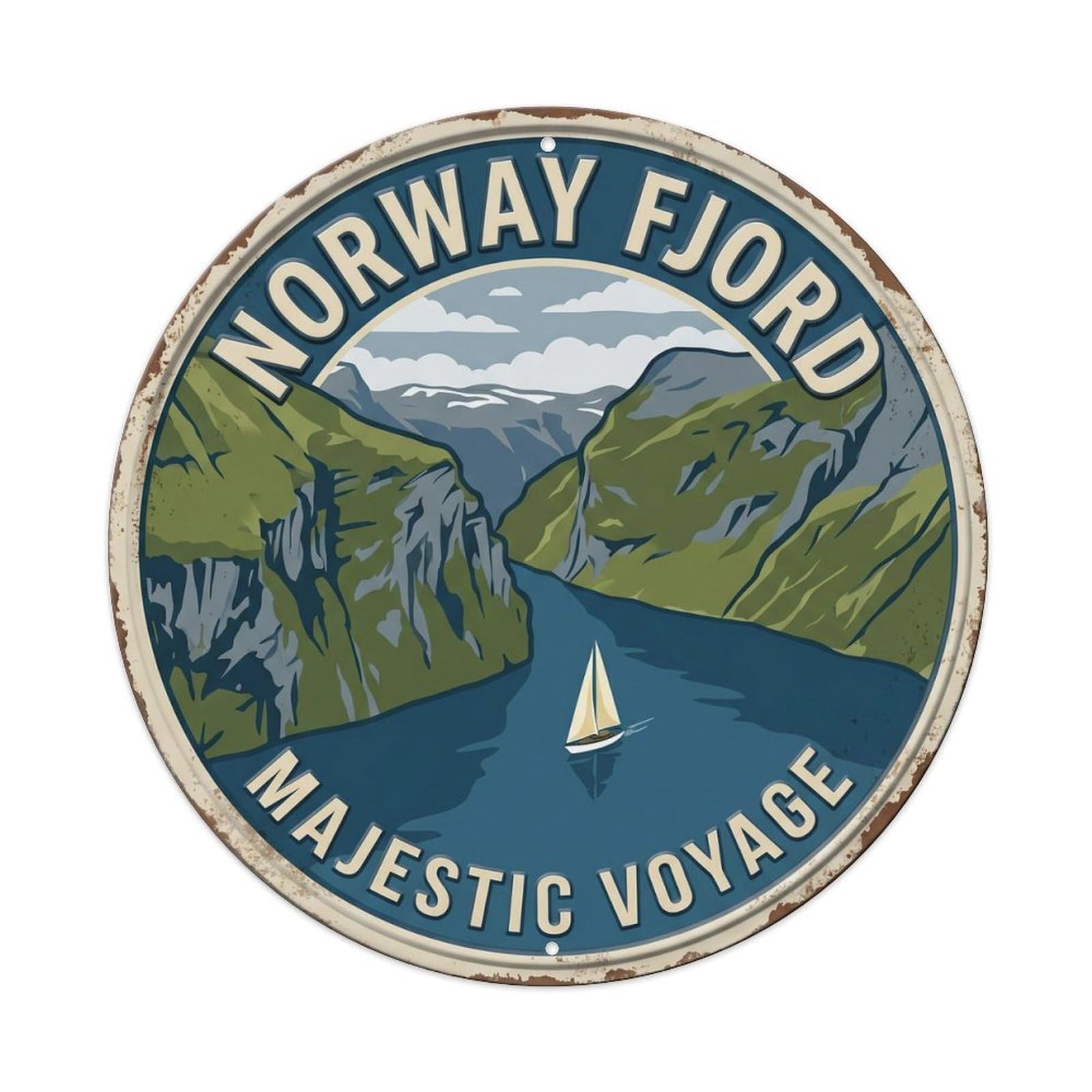 Fjord Majestic Voyage Norway Waterway Metal Tin Sign Plaque Wall Decor for Cafe, Club, Garden Round Metal Poster 8x8Inch