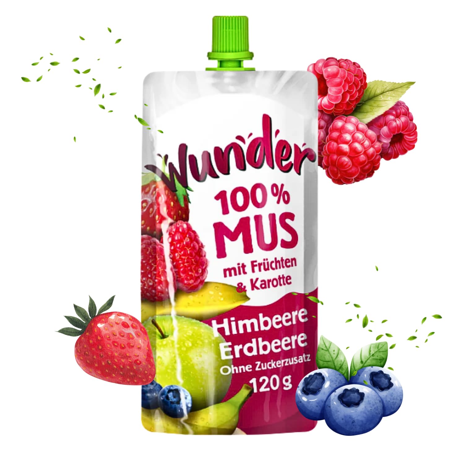 WUNDER Quetschie Mus 12 x 120g Himbeere, Erdbeere, Blaubeere mit Vitamin C, ohne Zuckerzusatz