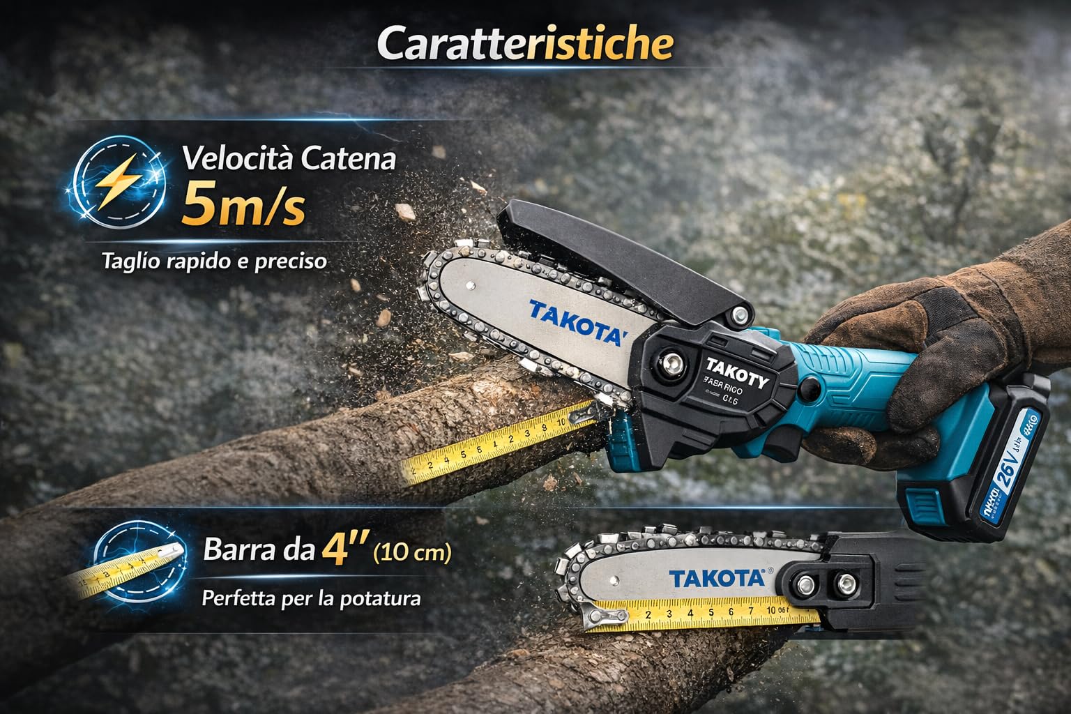 Mini Motosega a Batteria 4 Pollici per Potatura, Motosega Elettrica Portatile con 2 Batterie 26V 2.0Ah, Sega a Catena Compatta per Taglio Rami, Giardino e Alberi, Leggera e Facile da Usare