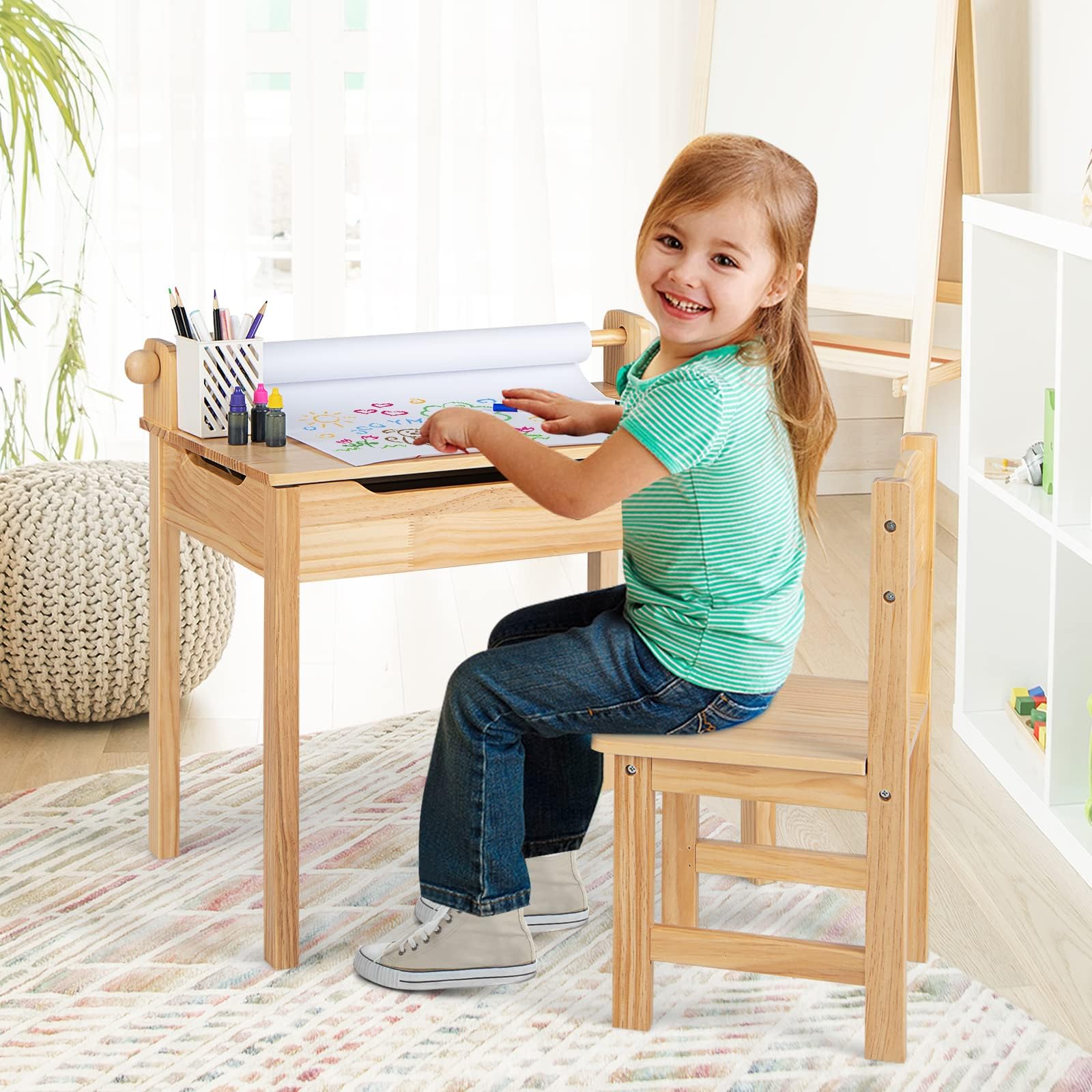 GOPLUS Bureau Enfant avec Chaise en Bois de Pin, Table à Dessin avec Rouleau Papier, Bureau d'Écriture avec Rangement, Charge 50kg, Naturel