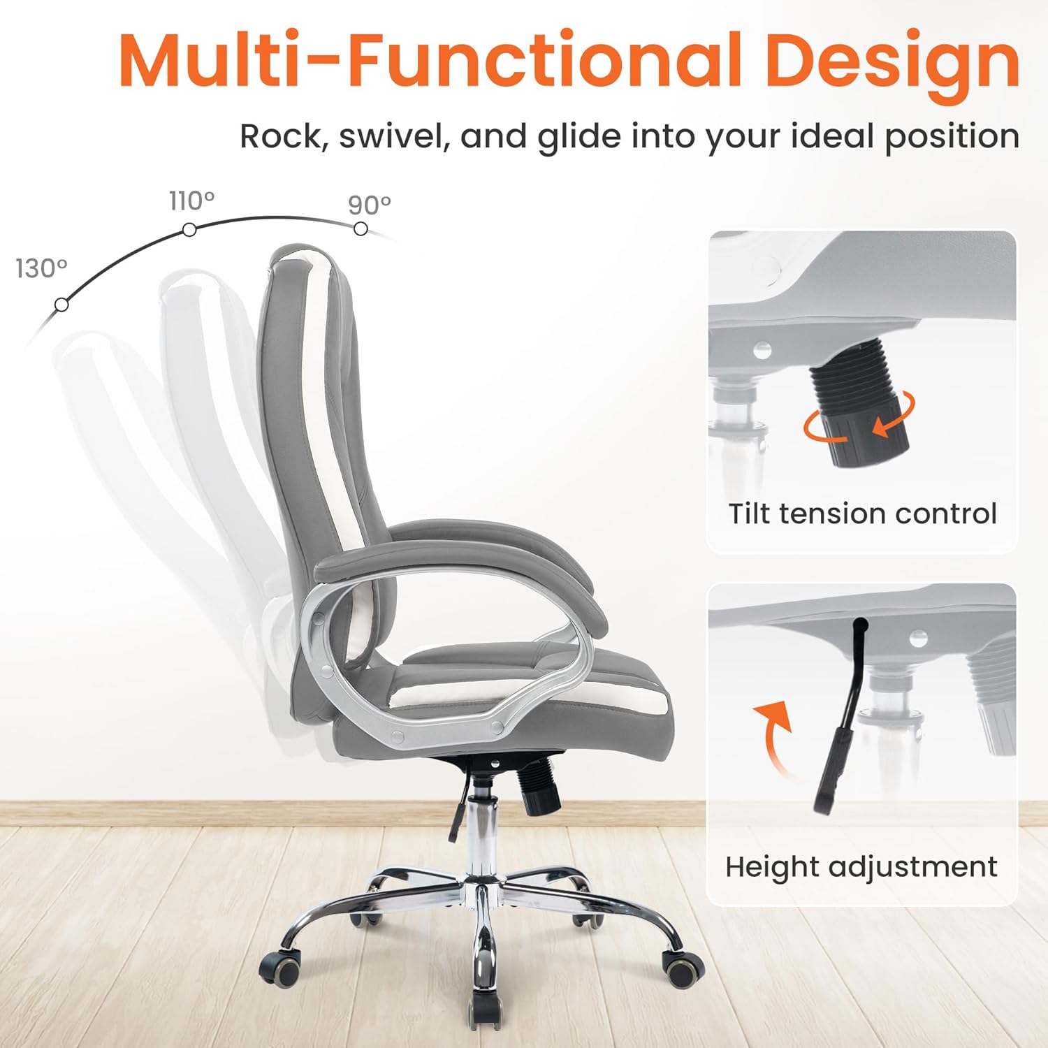 NEO CHAIR Office Desk Ergonomic Gaming Computer Chair High Back Adjustable PU Leather with Lumbar Support, Swivel Rolling Wheels, Executive Managerial Task Chair (Grey)
