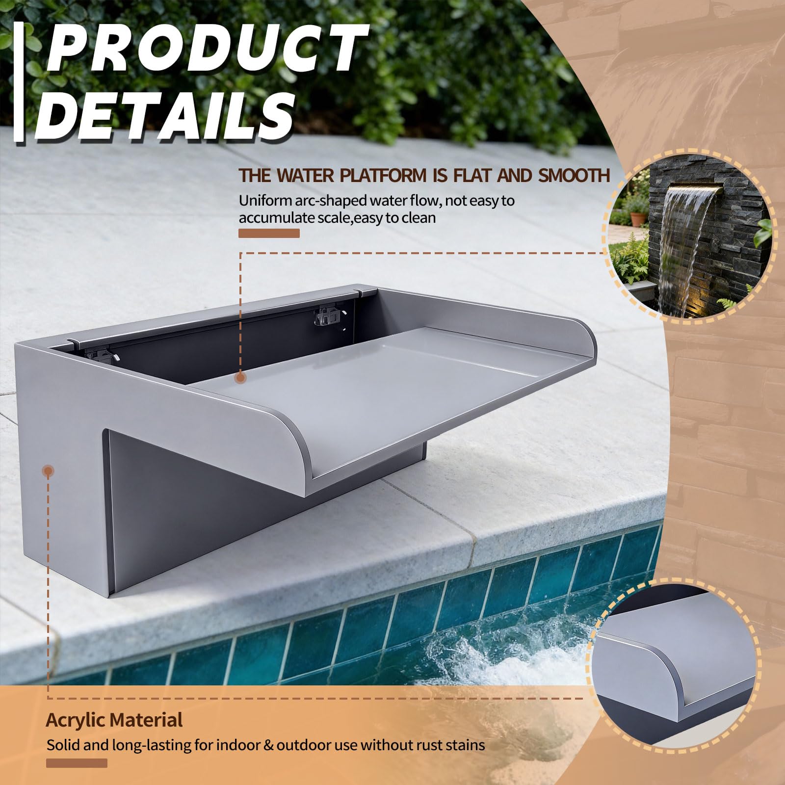 Troppopieno a cascata per esterni, troppopieno in acrilico, cascate di stagno koi per giardino, terrazza e piscina, 90 cm