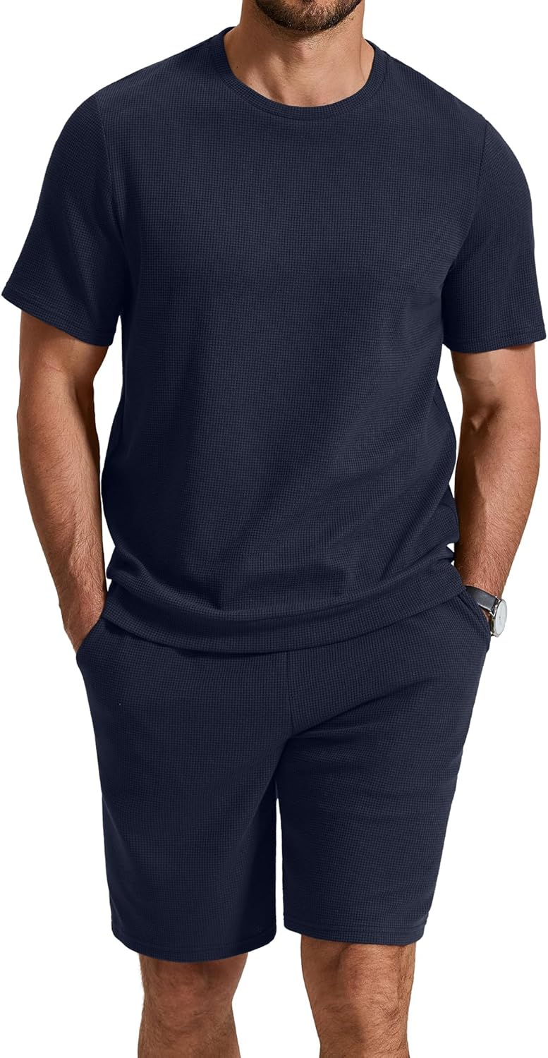 COOFANDY Men's Cotton Waffle 2 Piece Outfits Casual Short Sleeve Shirts and Shorts Set Summer Jogging Tracksuit Lounge Sets