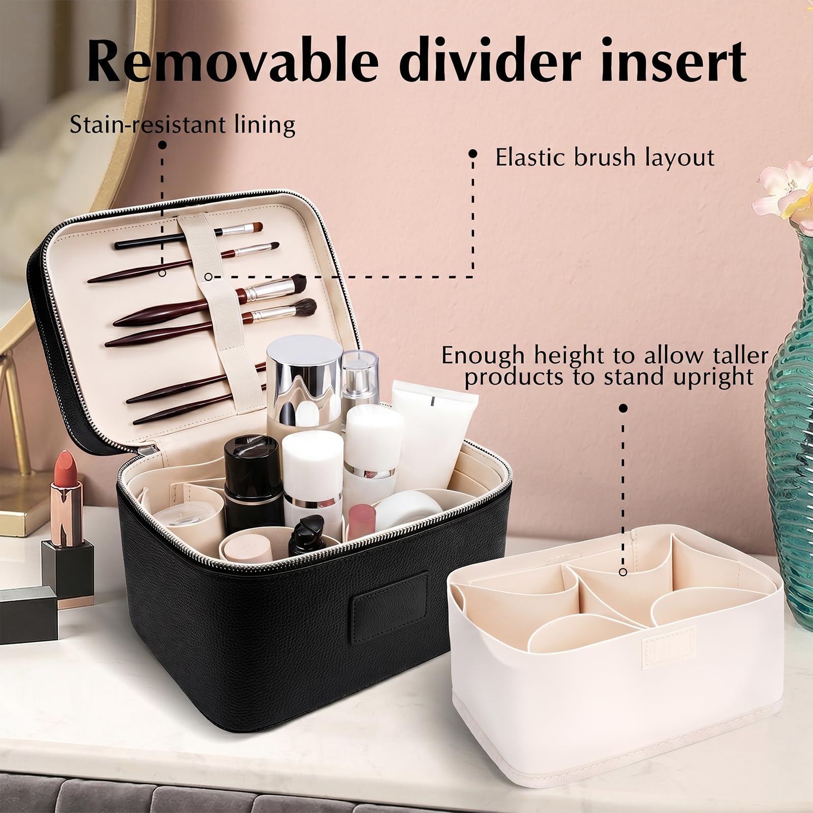 Trousse de toilette, trousse de maquillage pour femme, trousse de maquillage de grande capacité et deux niveaux, trousse de toilette de voyage avec compartiments et poignées, Noir