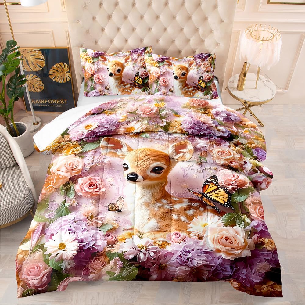 Couette Imprimée 200X200 Fleur de Cerf en Microfibre avec 2 Taies d'Oreiller