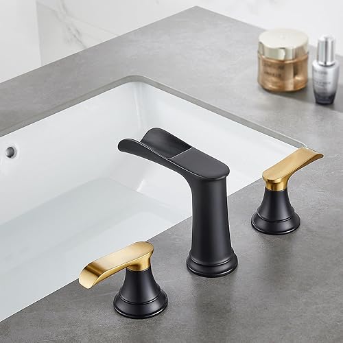 Miniatura 5 de Grifo de baño generalizado negro y dorado de 3 agujeros, cascada Sanliv, grifo de tocador de 2 manijas y 3 azadas con montaje de drenaje