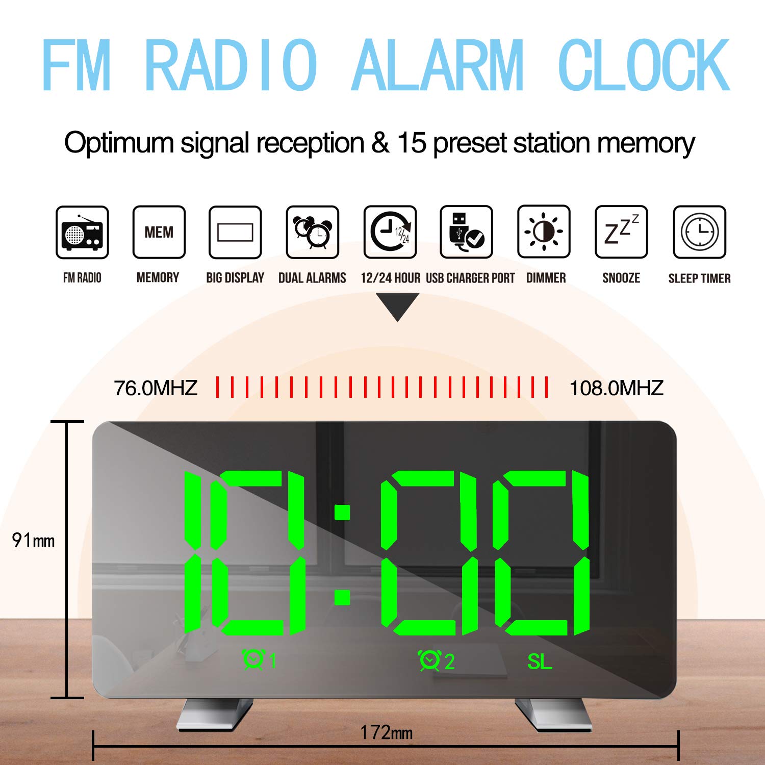 ThreeH Radio-réveil avec Ports Charge USB Horloges électriques avec Luminosité Réglable Fonction Snooze 12/24 Heures Vert | Radio FM, luminosité réglable, 12/24 heures, fonction snooze, horloge électrique