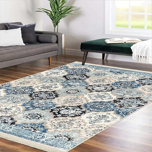 Alfombra de área de 5 x 7, alfombra ultra fina, bohemia, azul y crema, antideslizante, lavable a máquina