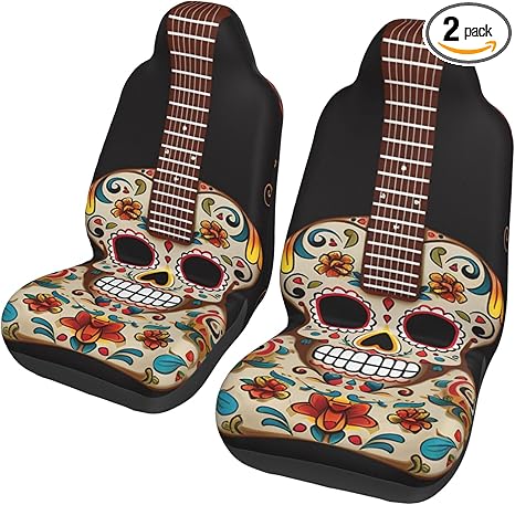Guitar Pepper Sugar Skull Car Seat Covers Front Seats 2 Pack Washable Non-Slip Car Seat Protectors Waterproof Automotive Seat Cover Universal Seat Cushion Protector for Cars, Vans, Trucks