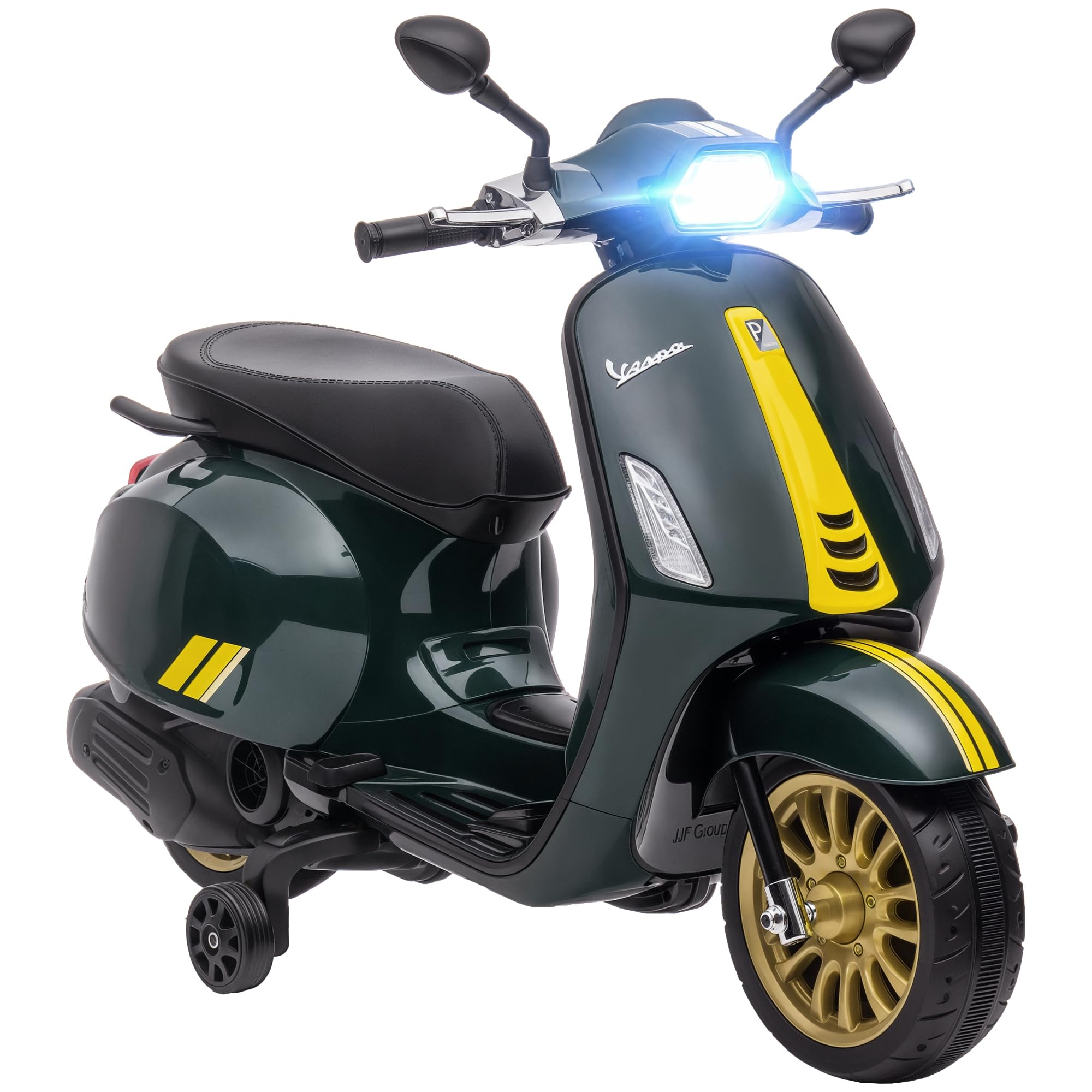 AIYAPLAY Scooter elettrico Vespa 6 V moto elettrica per bambini 3-6 anni dim. 107L x 47W x 73H cm Musica MP3 Porta USB Radio FM Faro 2 ruote di allenamento - Verde | Moto Elettrica Per Bambini 3-6 Anni, Musica MP3, Porta USB, Radio FM, Faro, 107L x 47L x