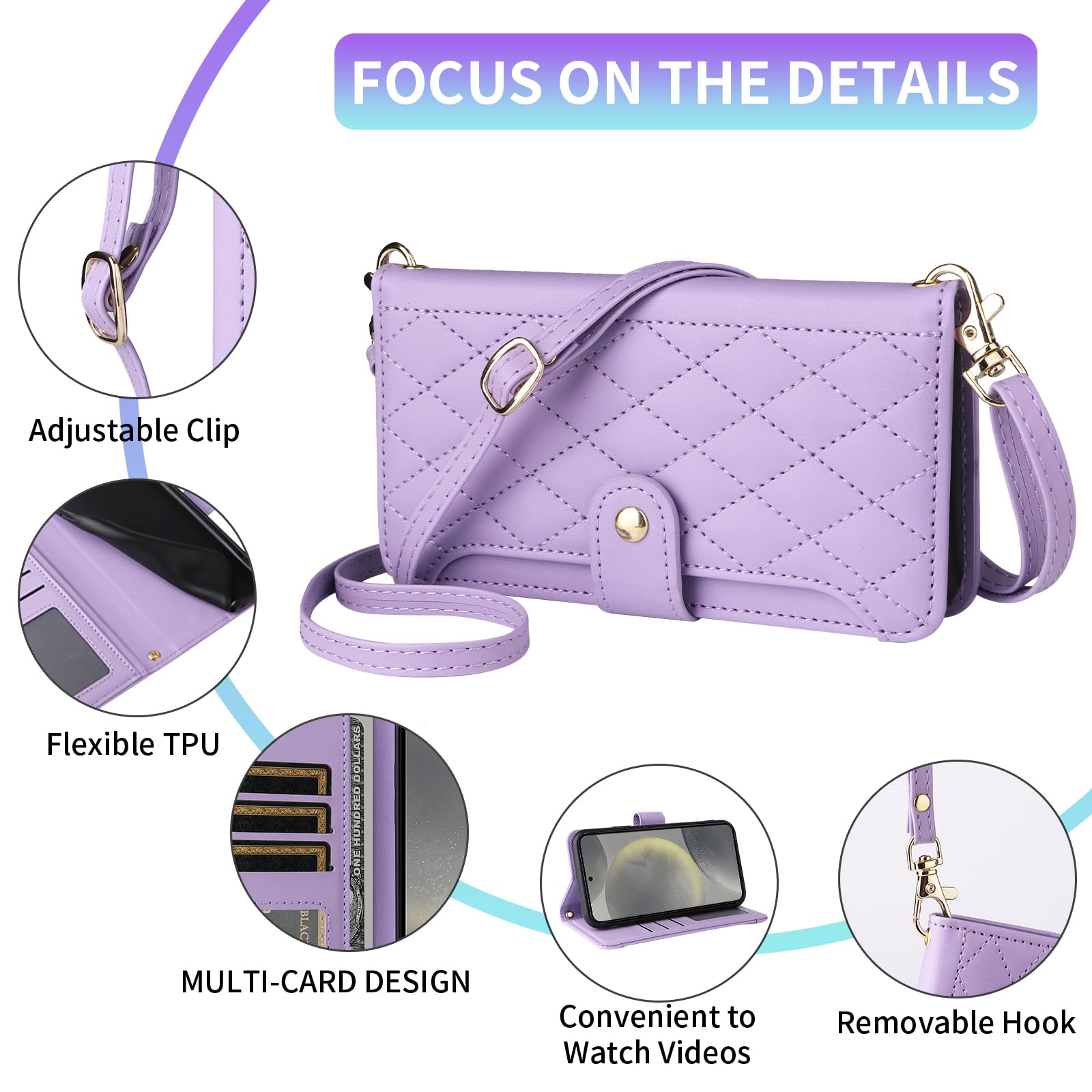 Phone Case for Samsung Galaxy A25 5G Wallet Cell Cover with Tempered Glass Screen Protector Strap Flip Credit Card Holder Accessories Stand Lanyard Wrist A 25 25A SM-A256U Women Girls Purple