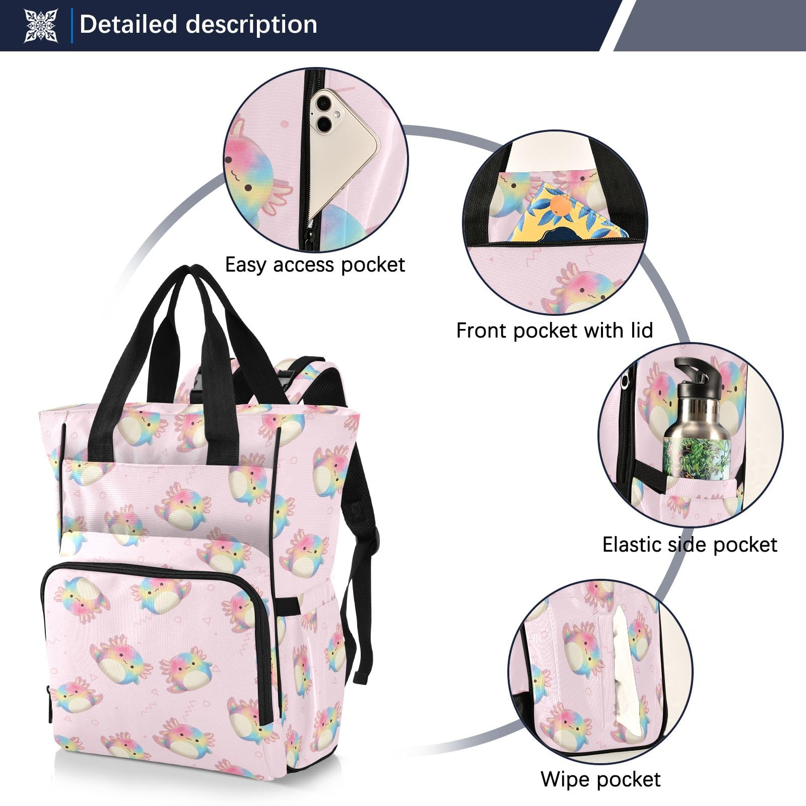 Mnsruu Borsa per pannolini per bambini con motivo Axolotl colorato zaino grande borsa impermeabile da viaggio borse per pannolini per mamme e papà