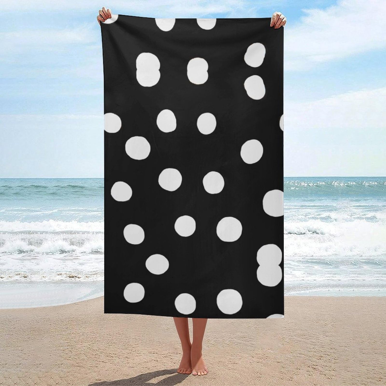 LEDFCVSU Beach Towel, Black And White Polka Dot Bath Towel, Absorbent Towel for Swimming, Sports, Travel