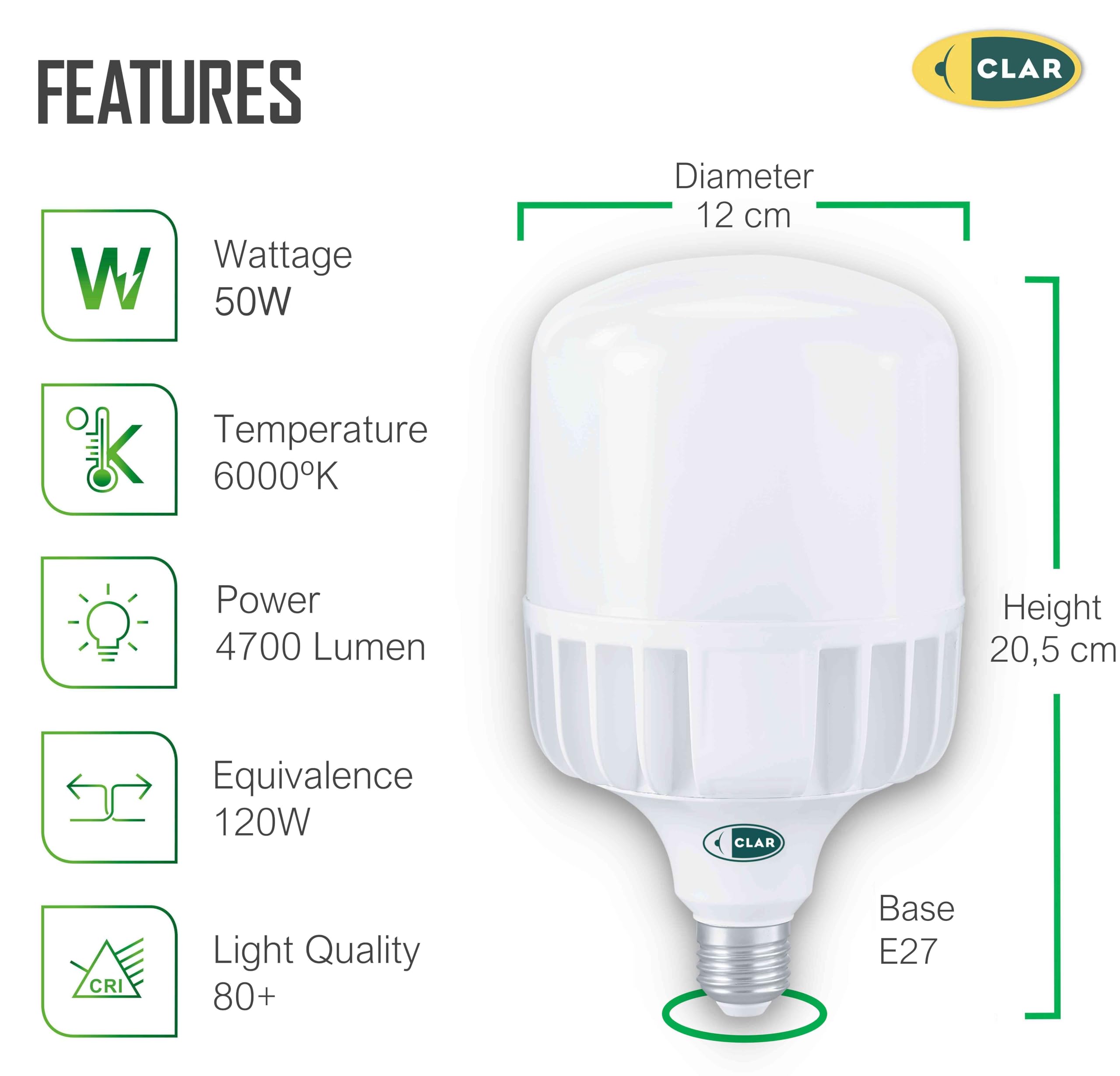 CLAR – Lampadina LED E27 Potente 50W, Luce Fredda 6500K (Confezione da 2)