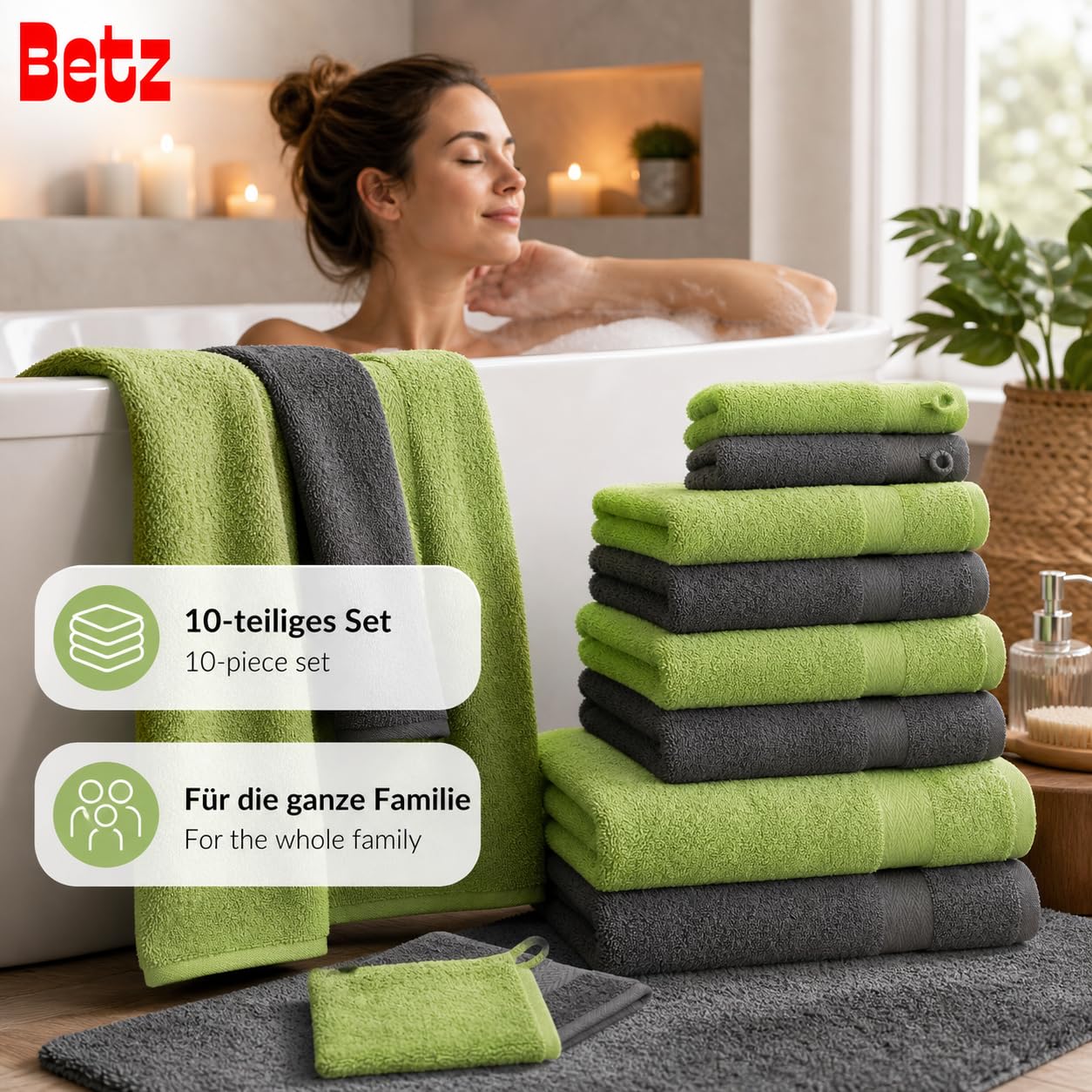 Betz Juego de 10 Toallas Premium 100% algodón 2 Toallas de baño 4 Toallas de Lavabo 4 Toallas de tocador 2 Manoplas de baño Color Verde Manzana y Gris Antracita