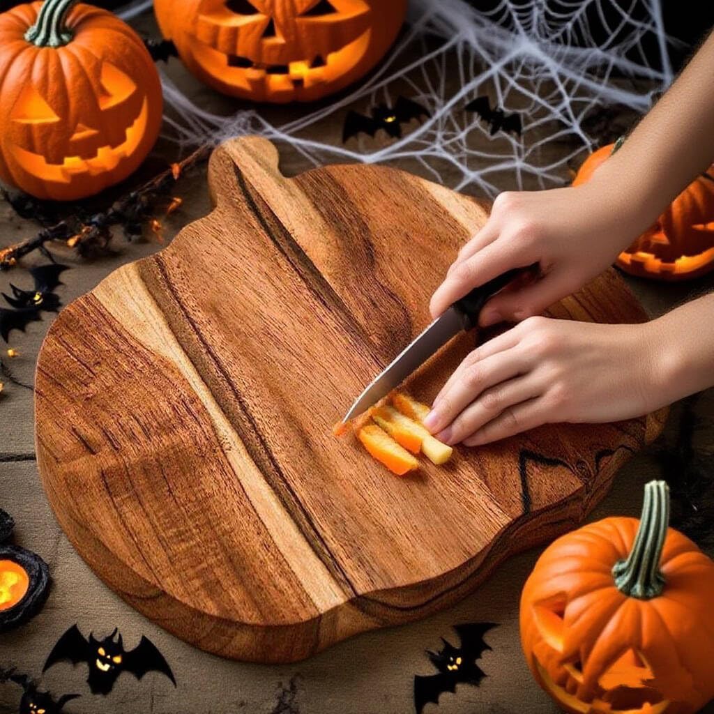 Condition photo showing New/Like New for halloween pumpkin shaped wooden cutting board,halloween charcuterie wooden boards, pumpkin cutting board with handles for everyday cooking and holiday prep (12"l x 13"w)
