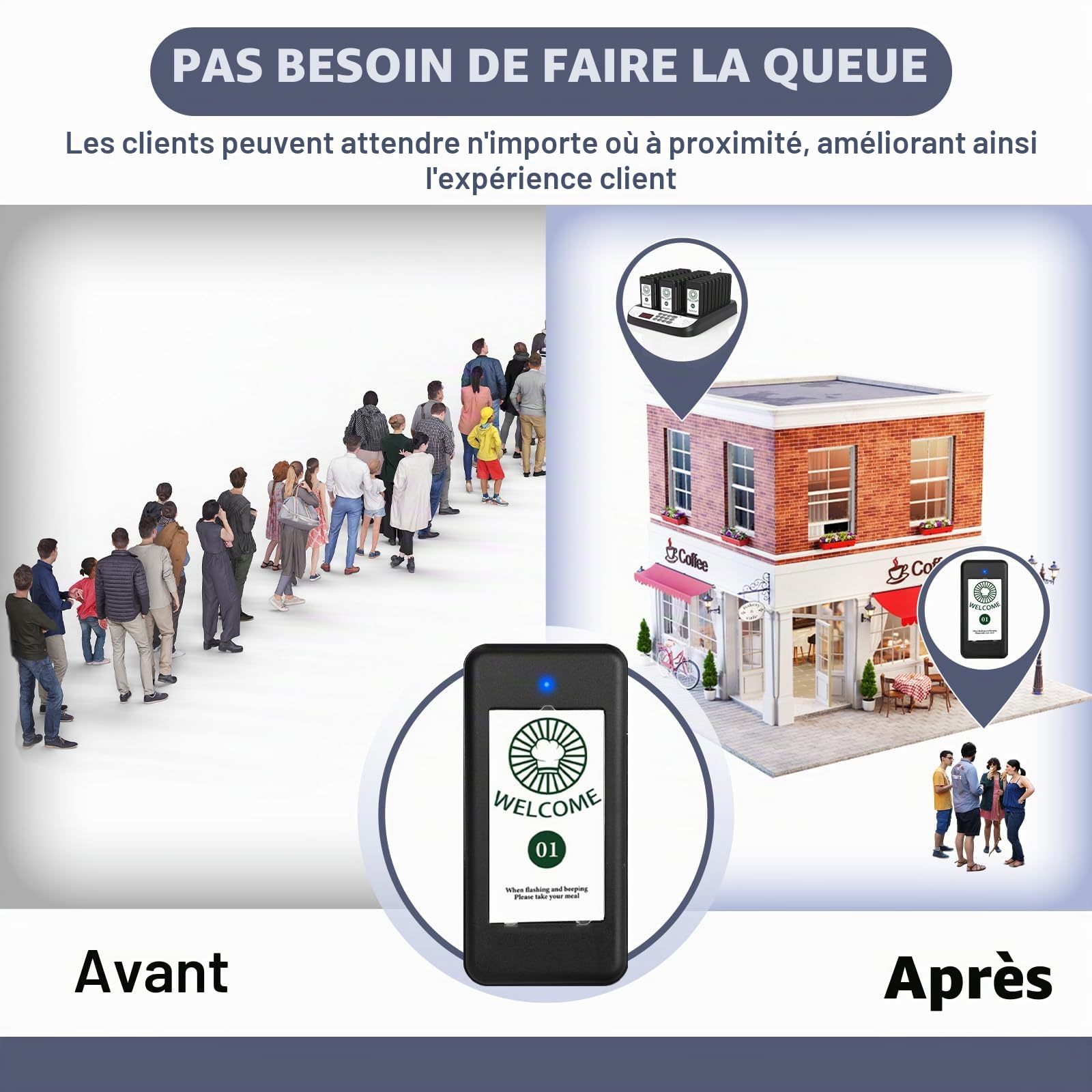 Bipeur Restaurant, 500 m bipper pour Restaurants, 30 Pagers | Bipper Restaurant pour le Respect de la Distanciation Sociale, Bipeurs étanches pour Food Trucks, Crèches, Cafés
