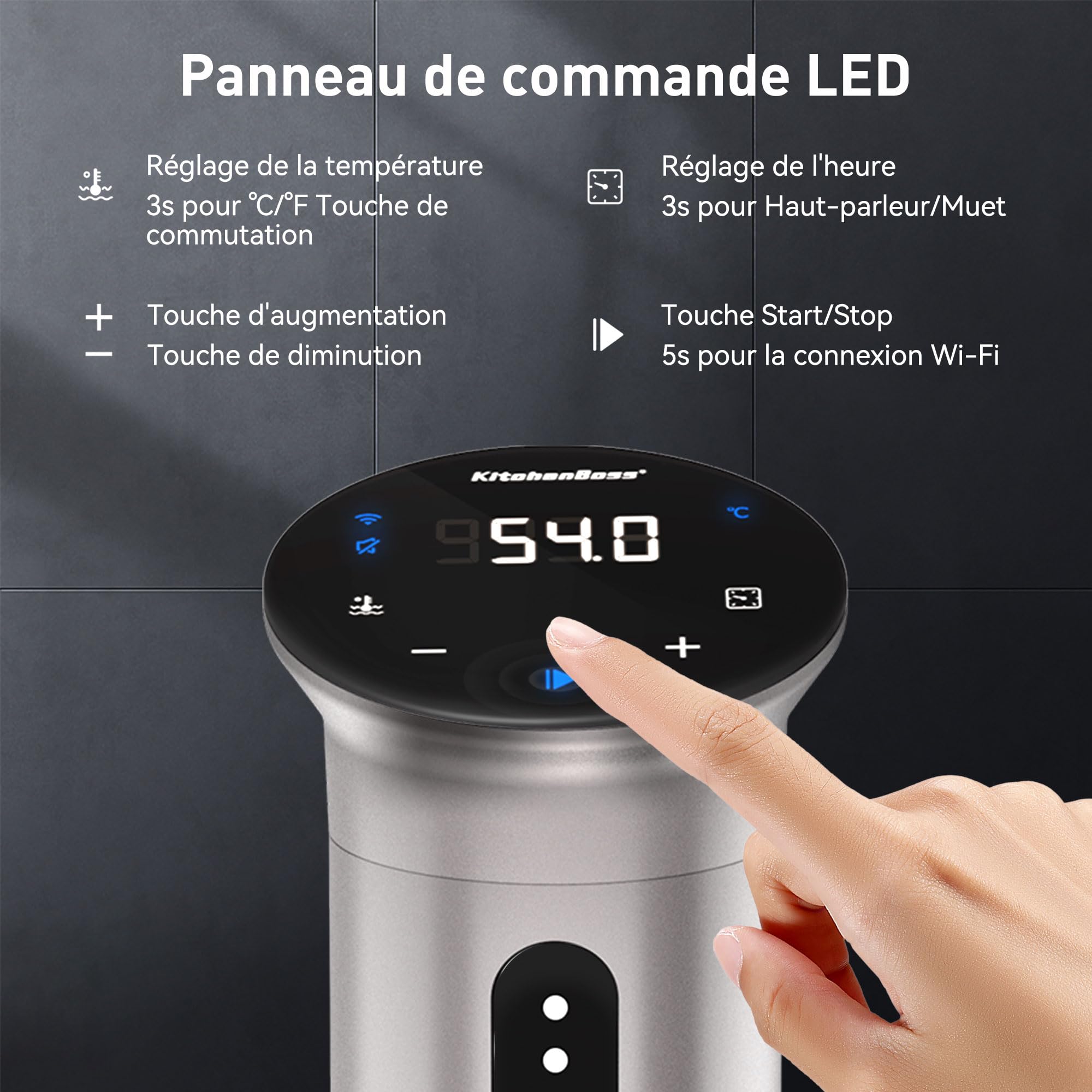 KitchenBoss Thermoplongeur Wi-Fi Cuisson Sous Vide: 1100W Cuiseur Sous Vide IPX7 Imperméable à l'eau d'Immersion de Cuisinière Thermostat Réglable LED Thermo Plongeur