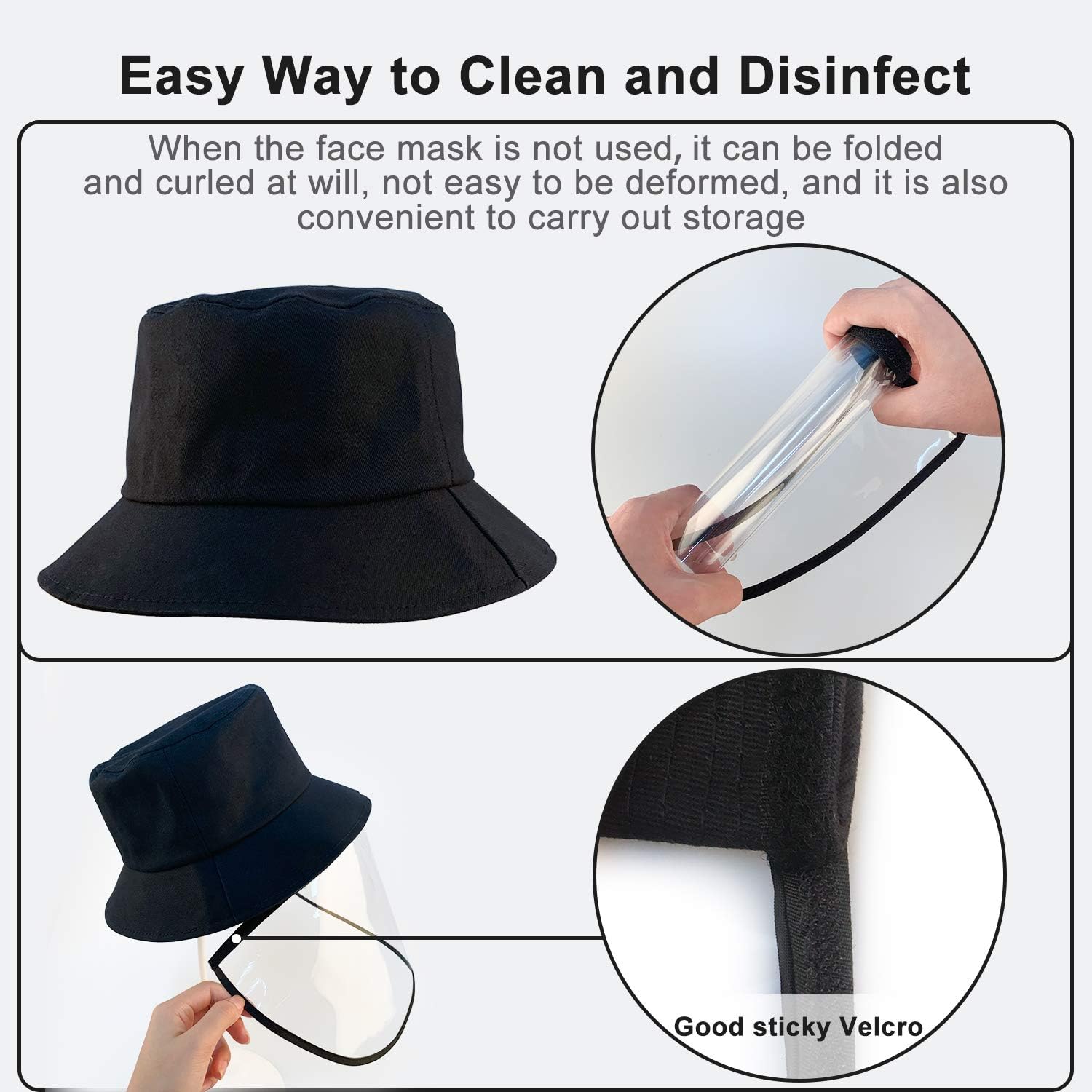 EHH Protective Hat with Detachable Safety Face Shield, Full-face Protection Hat Bucket Hat Baseball Cap Cover Adjustable for Men Women (Fisherman Hat) Black
