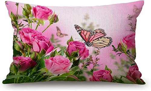 Solekla Fundas de almohada de 12 x 20 pulgadas con diseño de mariposas y rosas rosadas, fundas de almohada lumbares decorativas para el hogar, funda
