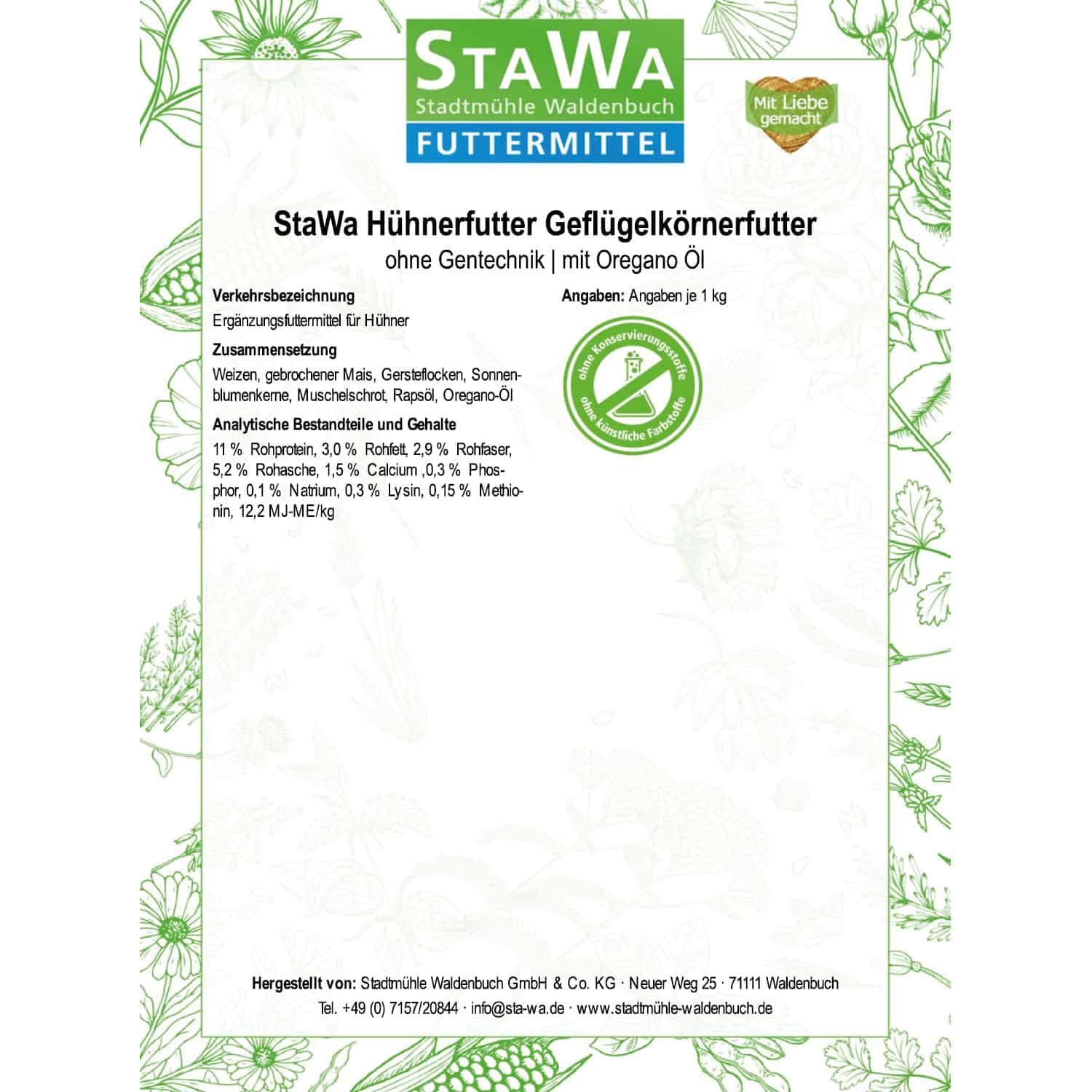 Hühnerfutter Geflügelkörnerfutter Körnerfutter, ohne Gentechnik, mit Oregano Öl, 25 kg