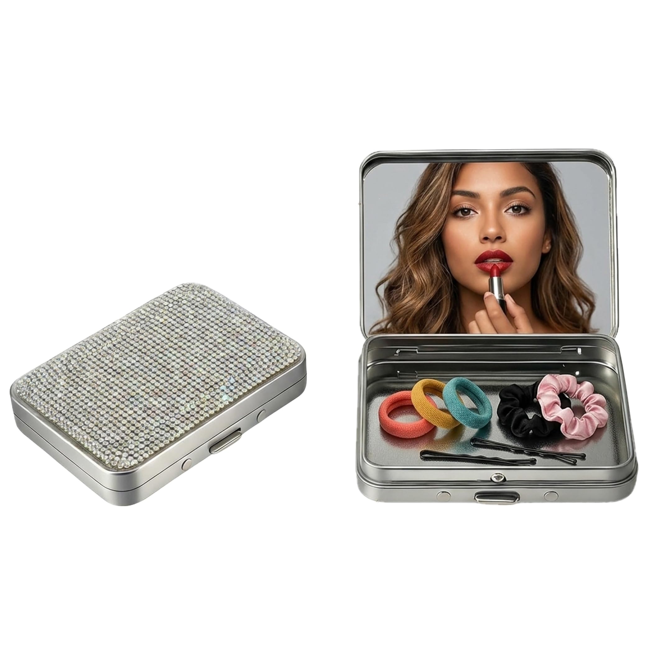 2Pcs Bling Pocket Mirror with Storage Function,Small Travel Makeup Mirror,Portable Handheld Mirror for Makeup, Grooming, and Small Item Storage(Silver)-image-2