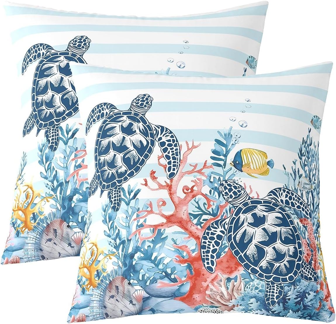 Feelyou Sea Turtle Cushion Case for Kids Boys Girls Coral Pattern Decorative Pillowcase Ocean Theme Throw Pillow Covers 22"x22" Set of 2 Fish Pattern Home Decor