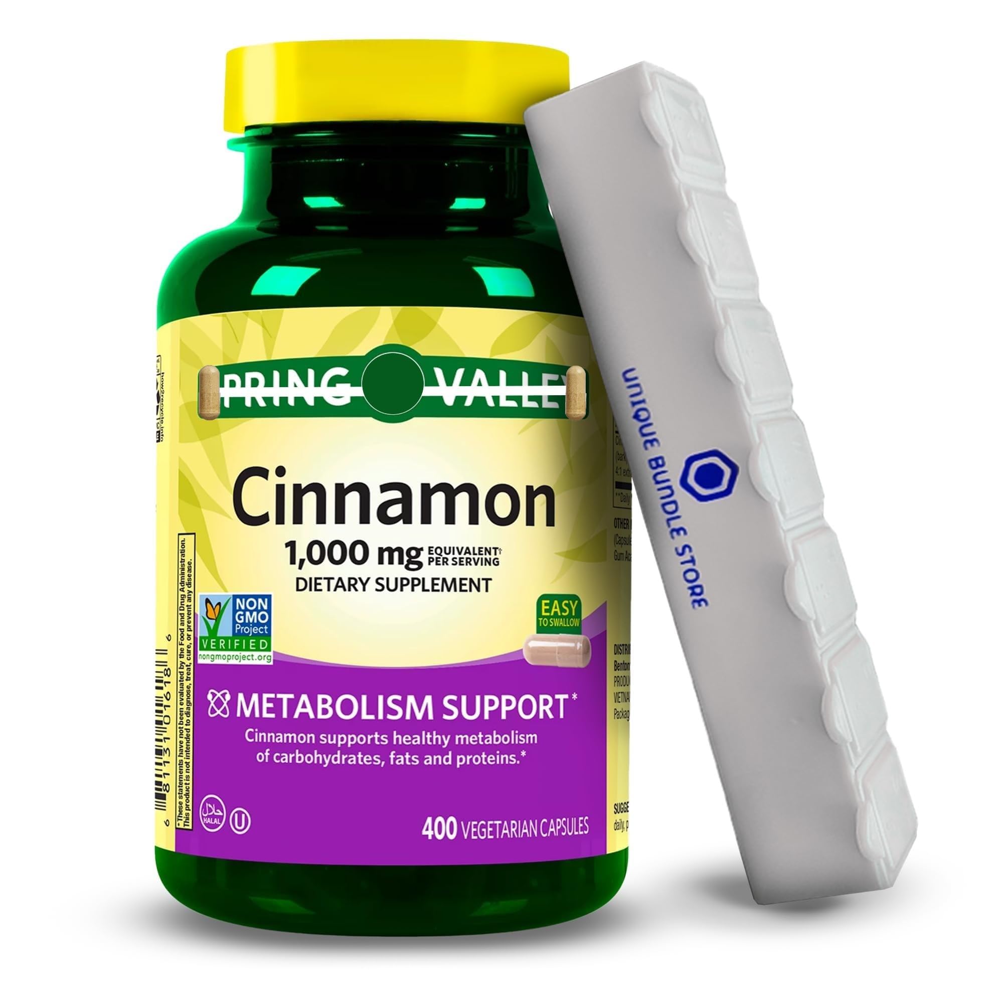 Spring Valley Cinnamon Capsules, 1000 mg, 400 Count Dietary Support Vegetarian, Cinnamon Supplements + 7 Day Pill Organizer Included (Pack of 1)