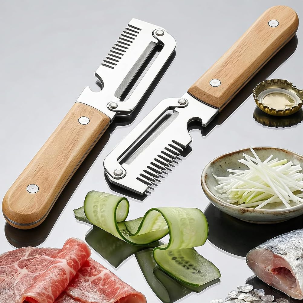 Pelador de Verduras Multifuncional, pelador de Frutas 2 en 1 con abrebotellas, Mango ergonómico de Madera, Ideal para la Cocina Diaria y la preparación de Comidas