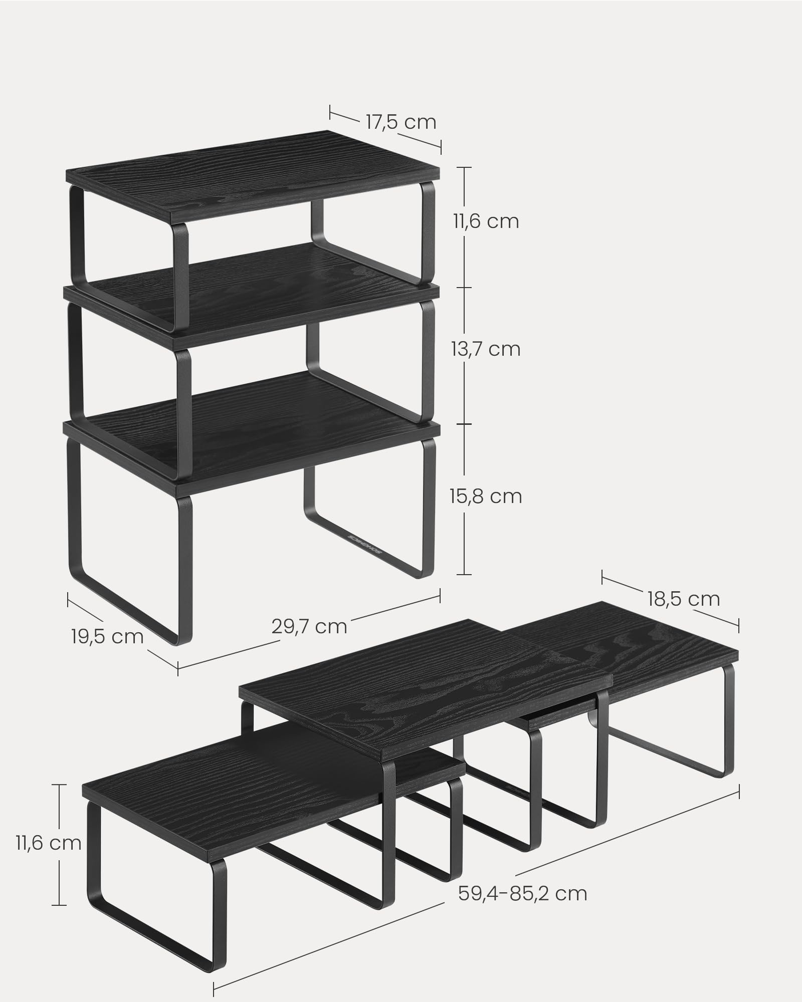 SONGMICS Organizer voor keukenkast, set met 3 planken, stapelbaar, uitbreidbaar kruidenrek, metaal en bamboe, zwarte inkt en natuurbeige KCS014B01