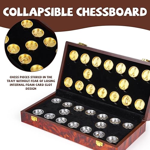 Miniatura 4 de Juego de ajedrez y damas de metal 2 en 1 para adultos y niños - Juegos de ajedrez de viaje de lujo de madera plegable con almacenamiento - Juego de