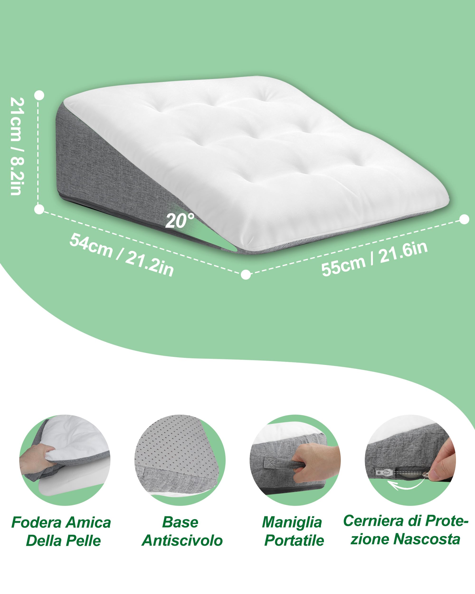 HOMCA Cuscino a Cuneo per Letto e Divano Elevazione delle Corpo, 55x54x21cm | Cuscini da Lettura di Triangolare per Sostenere Schiena, Gambe e Ginocchia, Federa Imbottito Spesso, Imbottitura in Schiuma