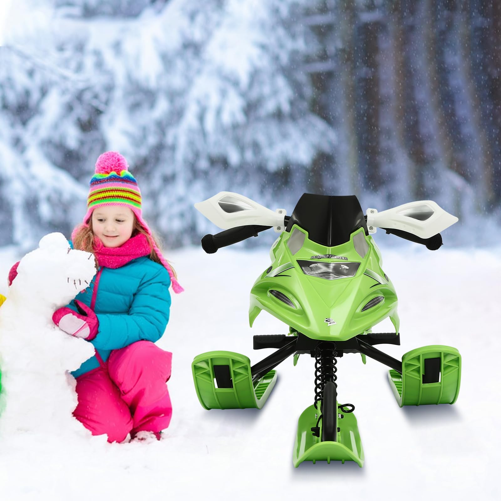 Luge à neige orientable pour enfants avec 3 skis, frein à pied et siège réglable, cadre en acier robuste, capacité de charge de 80 kg, cadeau d'hiver parfait pour les aventures dans la neige