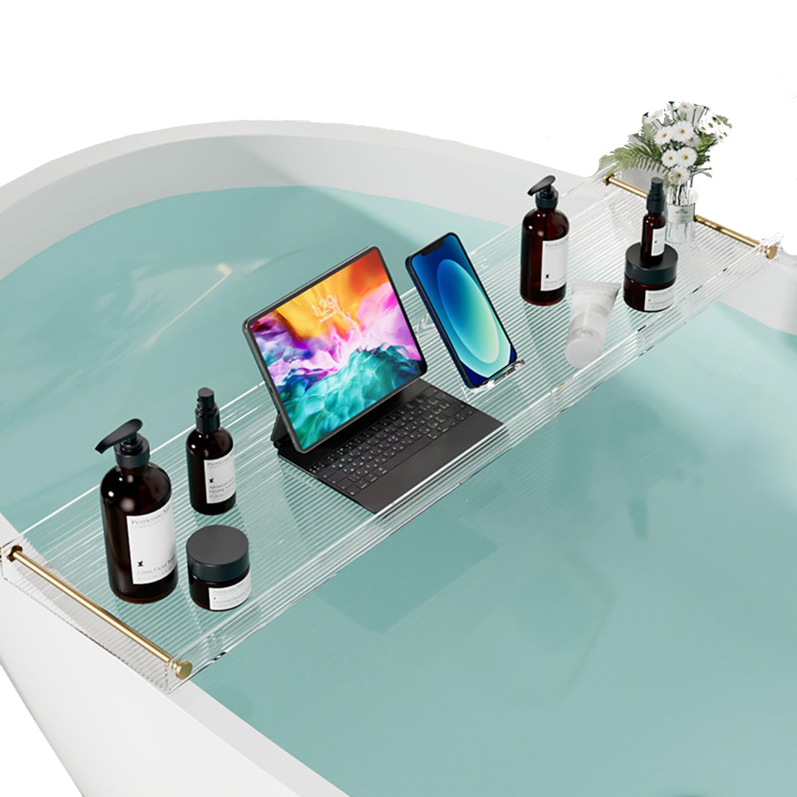 JKJZSALJ Bathtub Tray Tub Rack, Bathroom Rack Shelf Expandable Over The Tub Bath Tray Transparent Clear Acrylic Tray Tub Shelf With Gold Rails For Towels Wine Candles Phone-70Cm