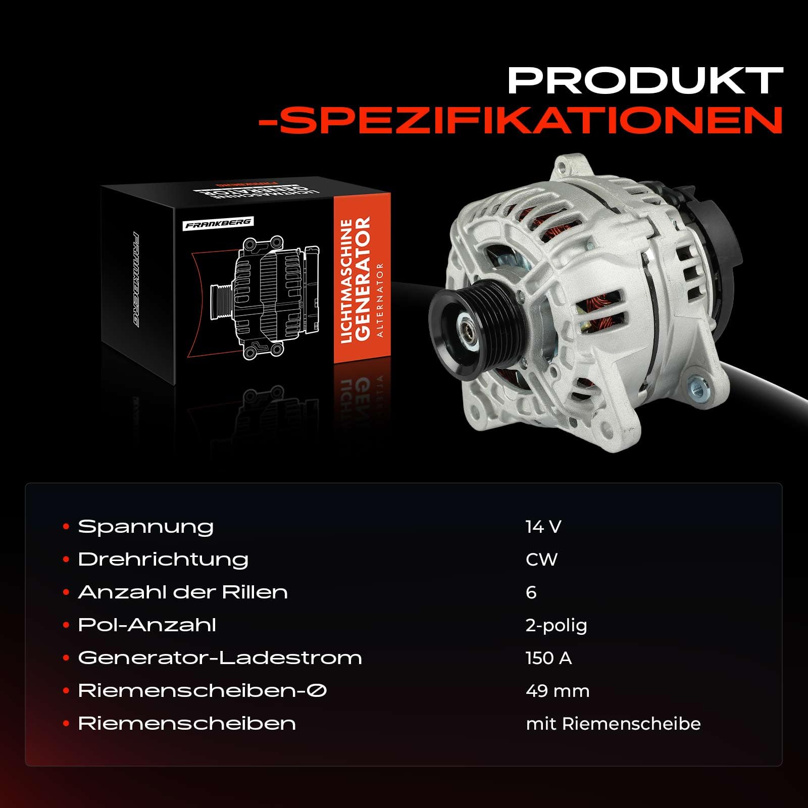 Frankberg Alternator 150 A kompatybilny z Meg.ane III Grandtour KZ0/1 1,9 l 2009-2024 Scénic III JZ0/1 1,9 l 2009-2024 Movano Combi J9 2,2 l 2000-2010, zamiennik 231000000 QQA5