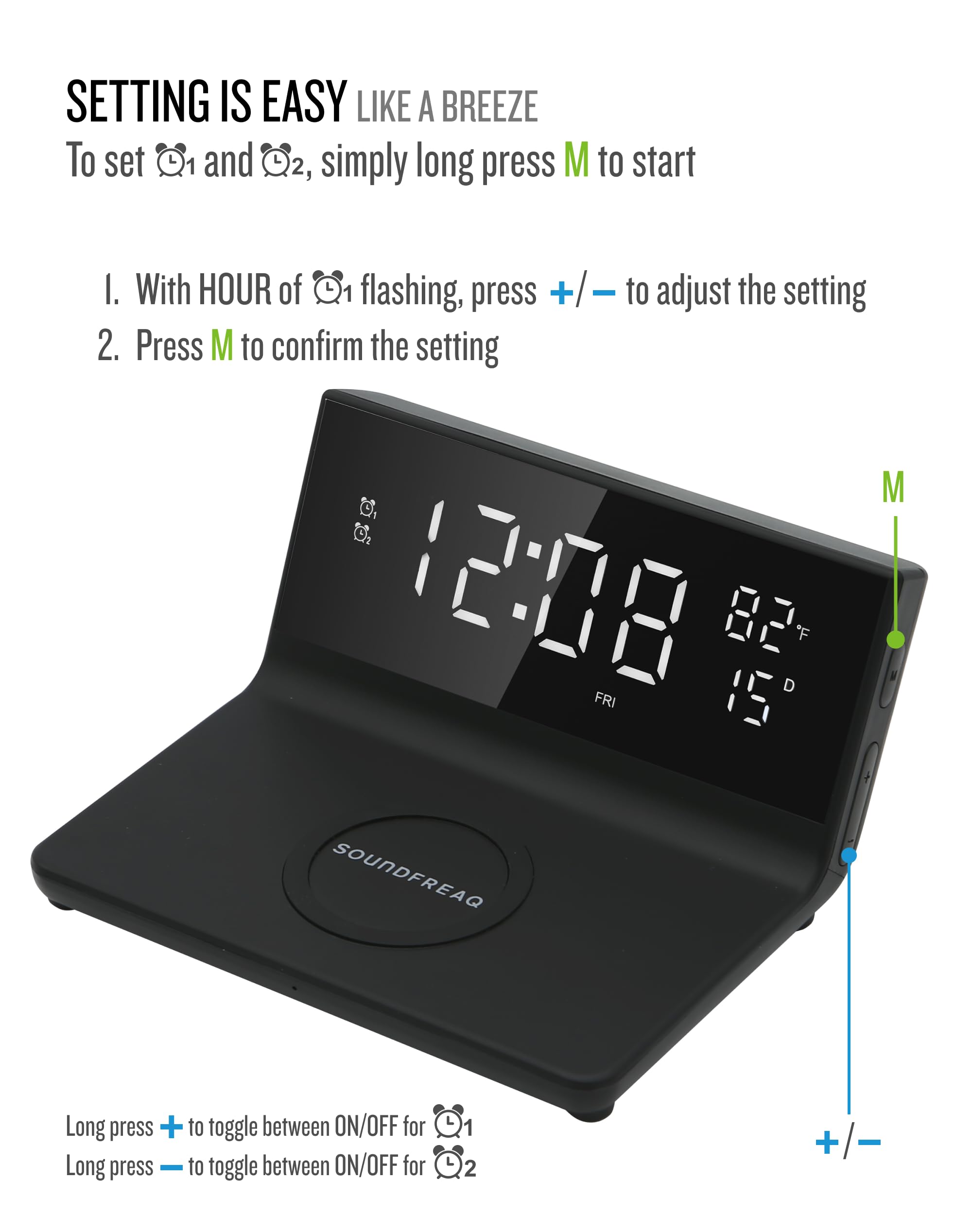 Soundfreaq Charge Rise II, SFQ-20: Sveglia digitale, con doppio allarme, caricabatterie USB veloce e caricabatterie wireless (nero)