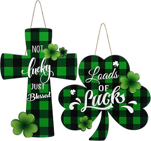 Capoda 2 letreros para puerta del día de San Patricio, placa religiosa de carga de suerte, búfalo a cuadros, trébol, decoración irlandesa de