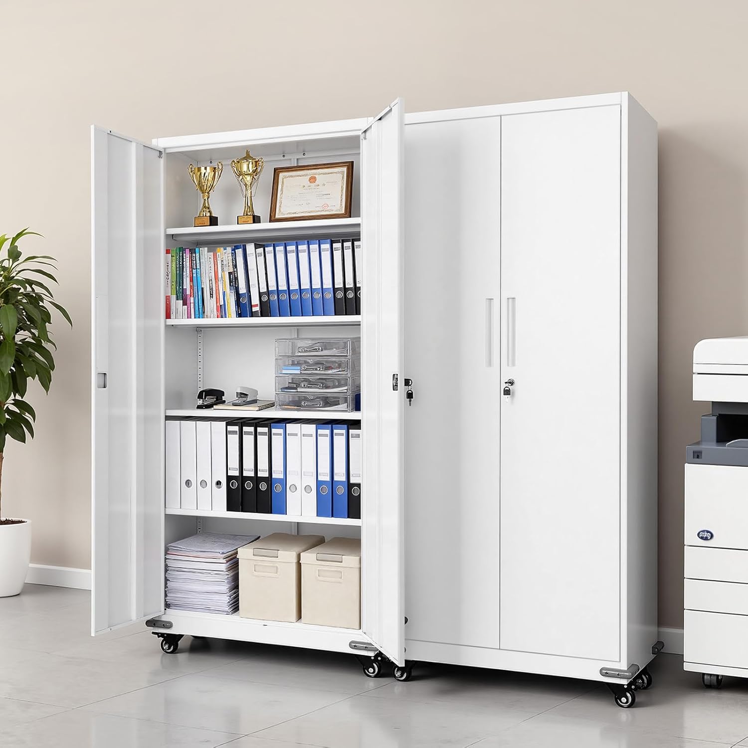 vevor metal storage cabinet, 72.6 in rolling steel garage cabinet with 4 adjustable shelves, 2 magnetic doors & 2 keys, 5 tiers lockable tool storage for pantry, warehouse, basement, office, white